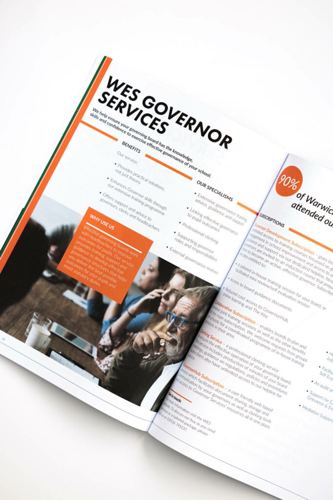 A double page spread for "WES Governor Services". This section is colour coded orange.