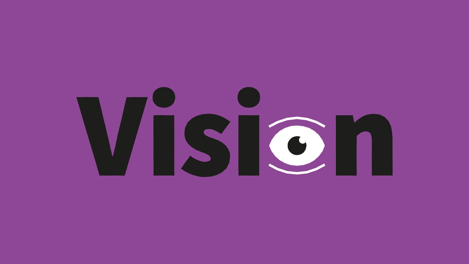 A still from an animation where the word "vision" sits on a purple background. The "o" of "vision" is an eye. An example of Dennis Cook's work as a graphic designer.
