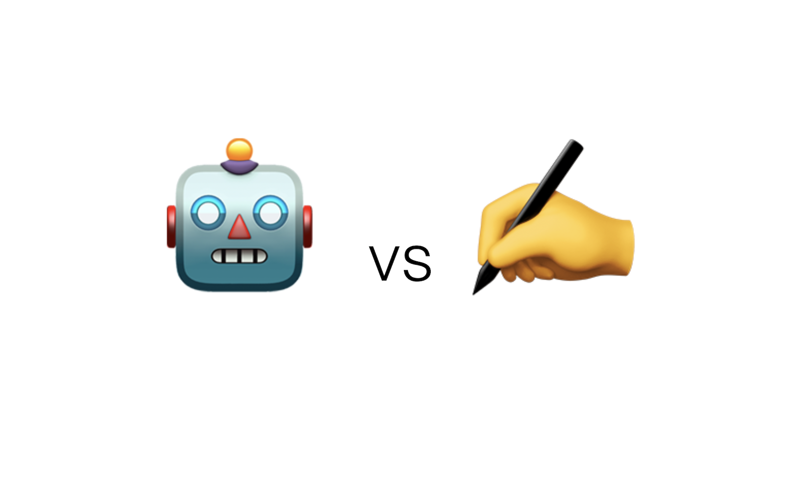 An image that depicts AI logo design versus human design. It features a robot emoji one side and a pencil in a hand emoji on the other side.