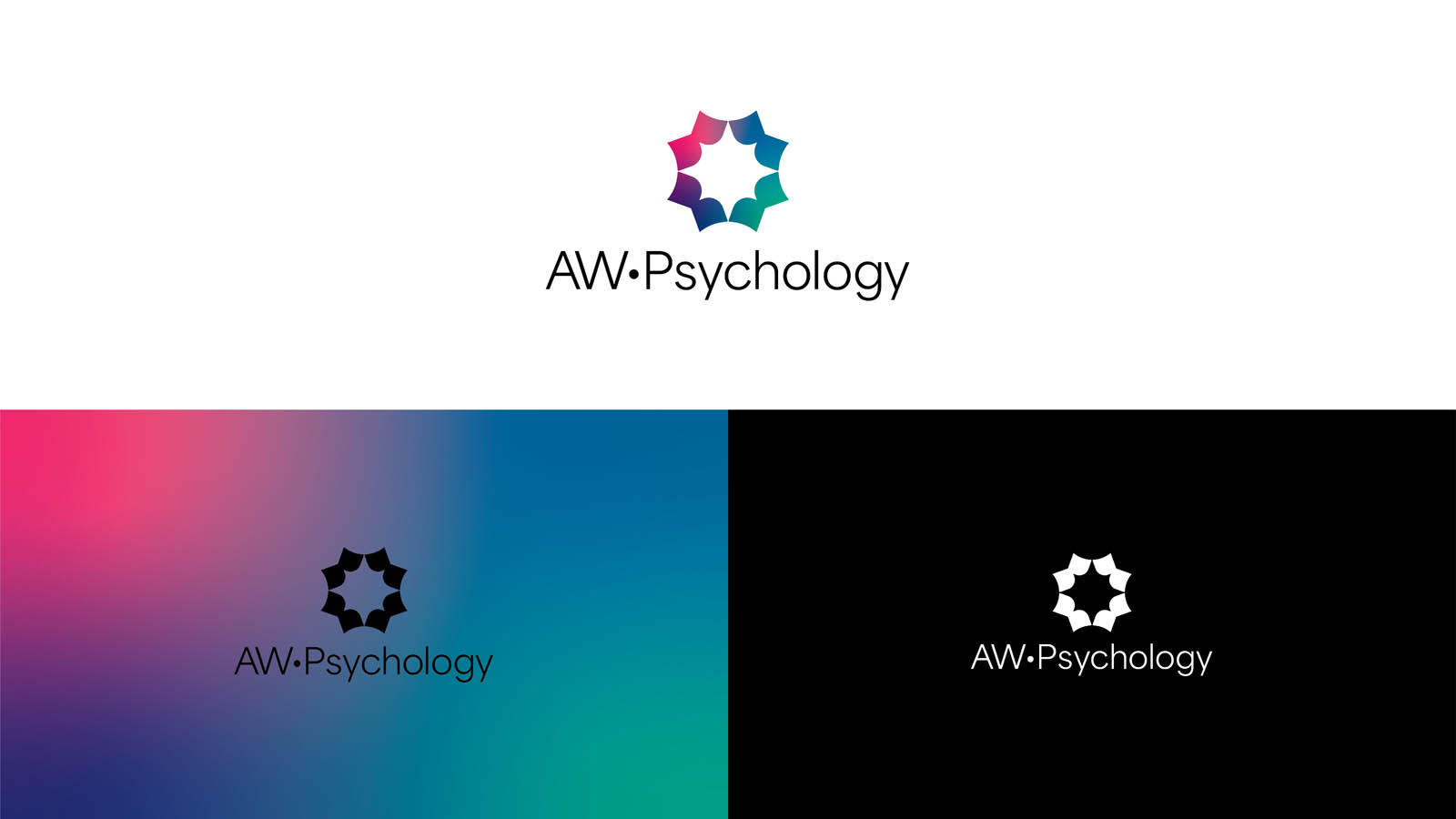 A geometric star logo design Exeter graphic designer Dennis Cook developed with AW Psychology. Here's it's shown in fill colour, black, and white of various backgrounds.