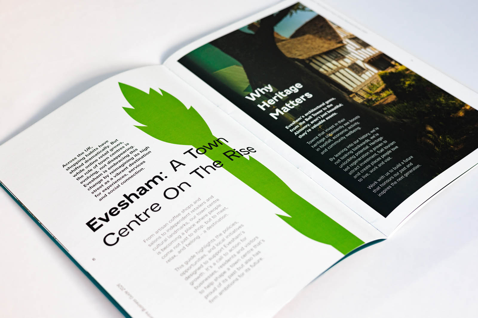 Design and print for a local business guide. There is a graphic of asparagus with the headline: "Evesham: A Town Centre on the Rise".