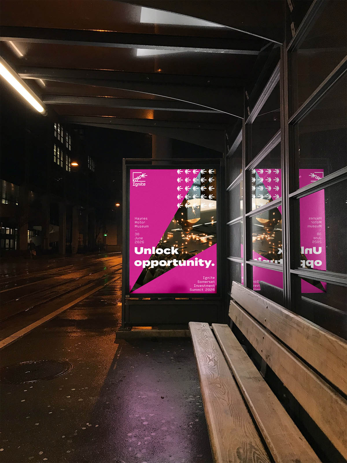An example bus stop poster advertisement for Ignite Somerset Investment Summit 2026. It features the headline "Unlock opportunity."